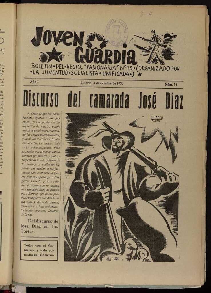 Miniatura de Joven Guardia: Boletín del Regimiento Pasionaria nº 13 del 4 de octubre de 1936