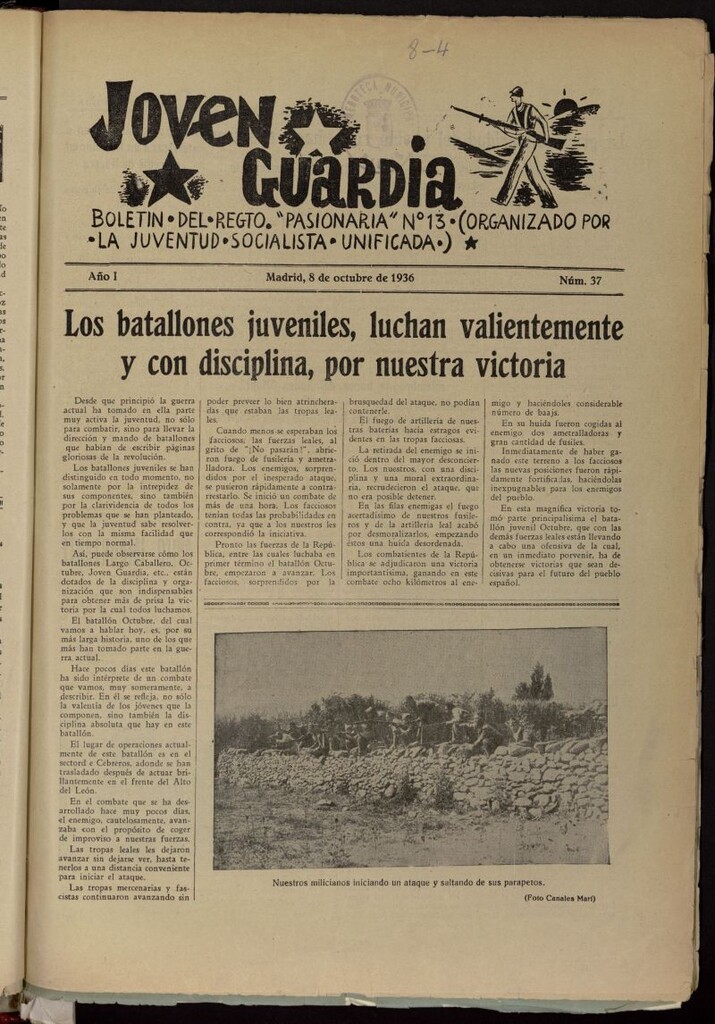 Miniatura de Joven Guardia: Boletín del Regimiento Pasionaria nº 13 del 8 de octubre de 1936