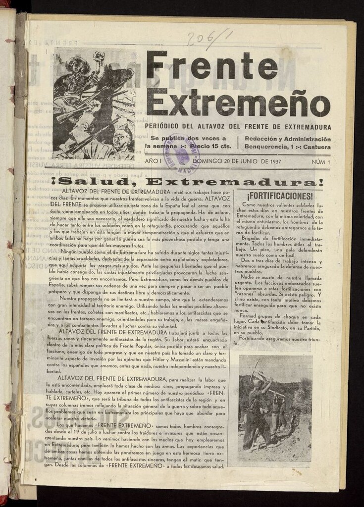 Miniatura de Frente Extremeño: periódico del Altavoz del Frente de Extremadura del 20 de junio de 1937
