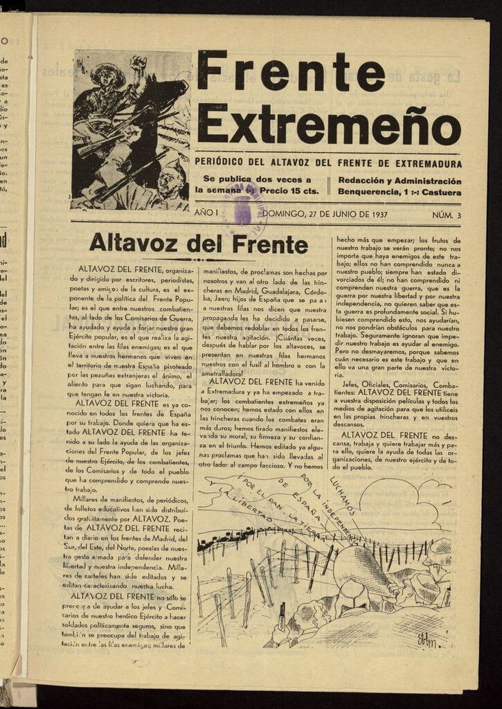 Miniatura de Frente Extremeño: periódico del Altavoz del Frente de Extremadura del 27 de junio de 1937