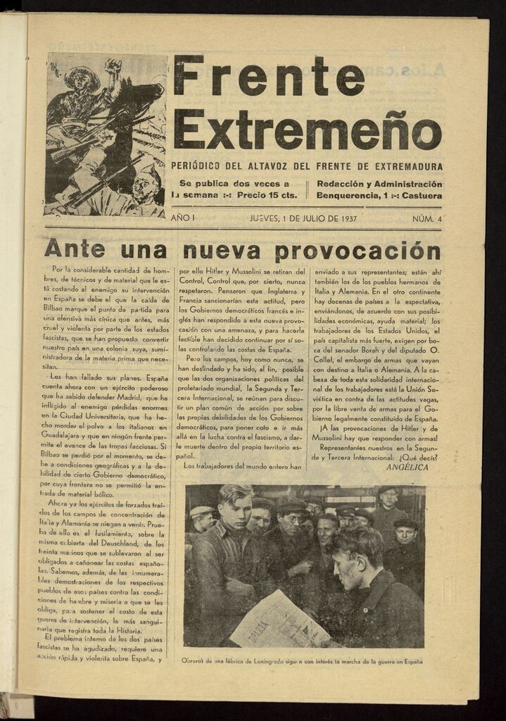 Miniatura de Frente Extremeño: periódico del Altavoz del Frente de Extremadura del 1 de julio de 1937
