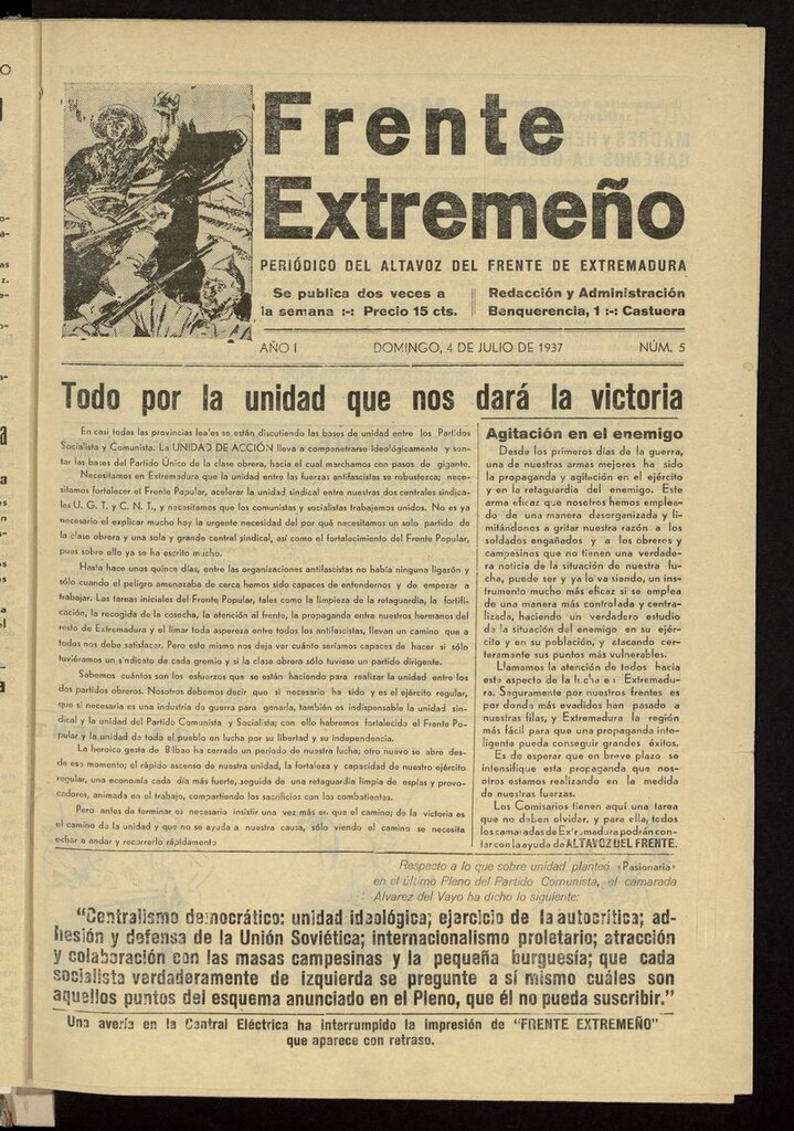 Miniatura de Frente Extremeño: periódico del Altavoz del Frente de Extremadura del 4 de julio de 1937