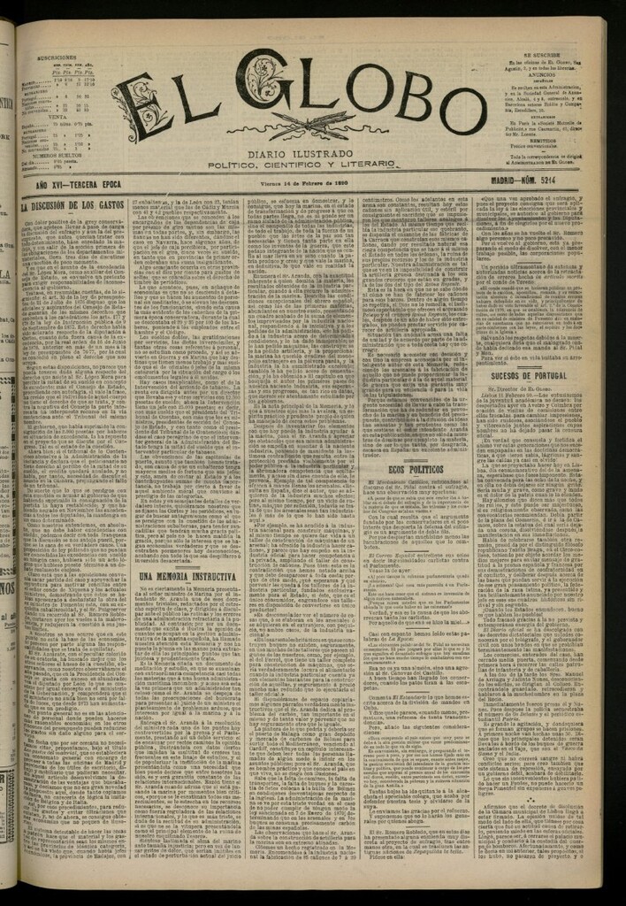 Miniatura de El Globo : diario ilustrado del 14 de febrero de 1890, nº 5214