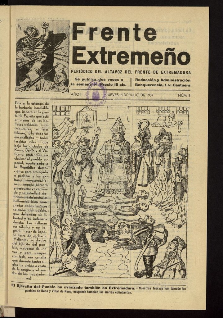 Miniatura de Frente Extremeño: periódico del Altavoz del Frente de Extremadura del 8 de julio de 1937