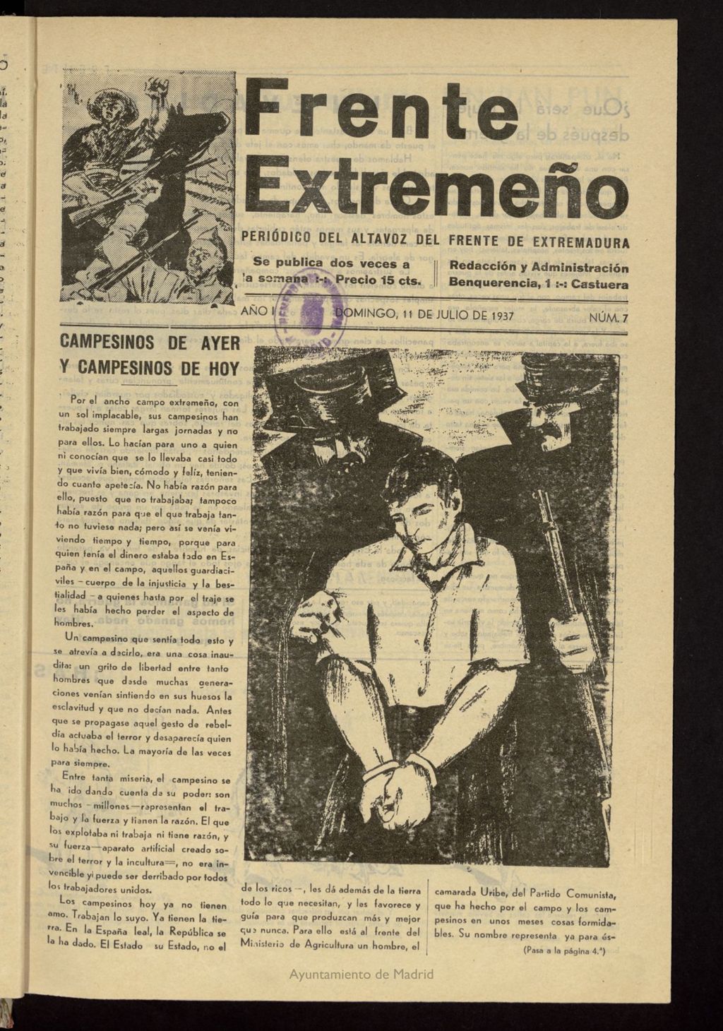 Miniatura de Frente Extremeño: periódico del Altavoz del Frente de Extremadura del 11 de julio de 1937