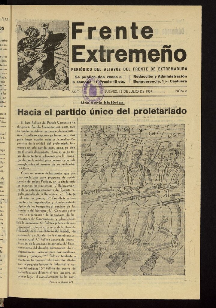 Miniatura de Frente Extremeño: periódico del Altavoz del Frente de Extremadura del 15 de julio de 1937