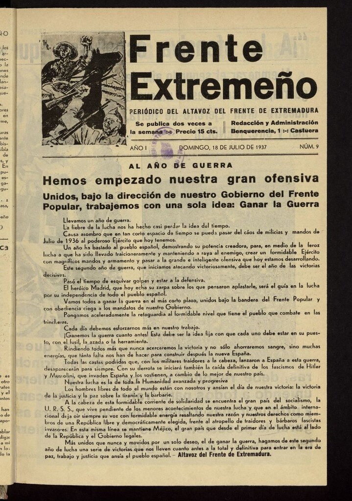 Miniatura de Frente Extremeño: periódico del Altavoz del Frente de Extremadura del 18 de julio de 1937