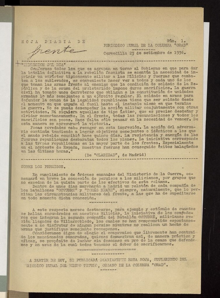 Miniatura de Hoja Diaria de Frente (Cercedilla. 1936) del 23 de septiembre de 1936