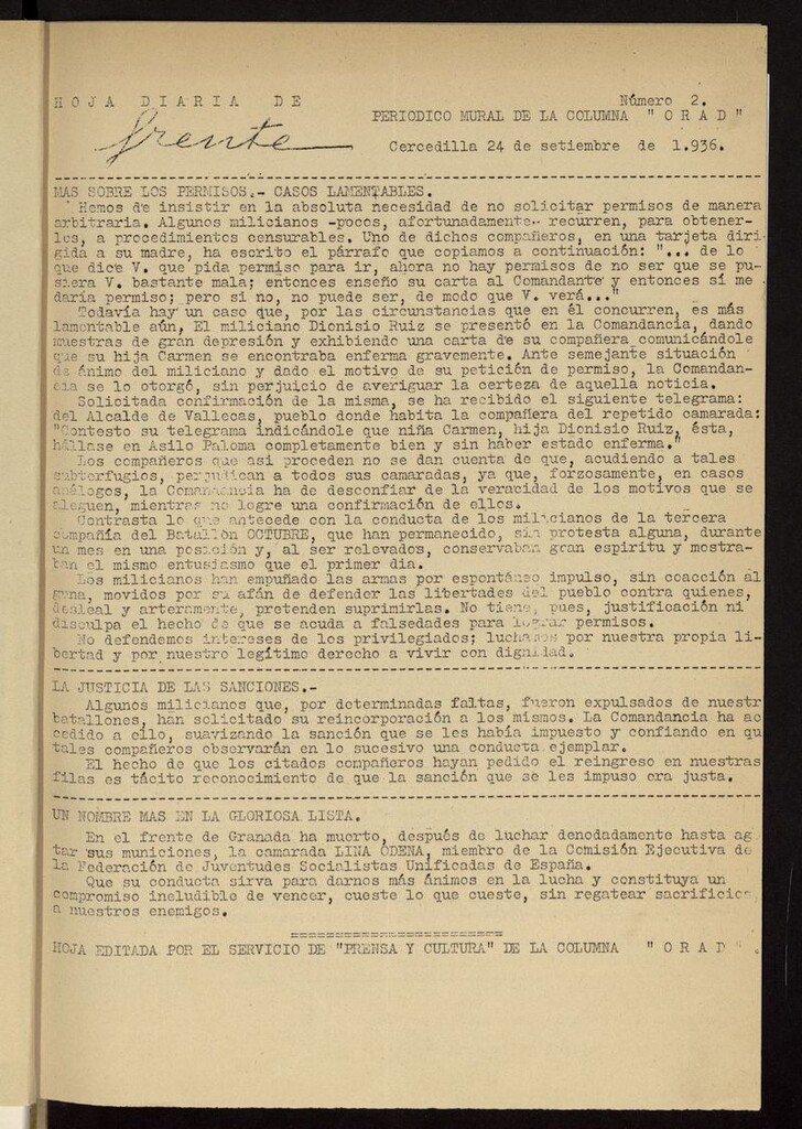 Miniatura de Hoja Diaria de Frente (Cercedilla. 1936) del 24 de septiembre de 1936