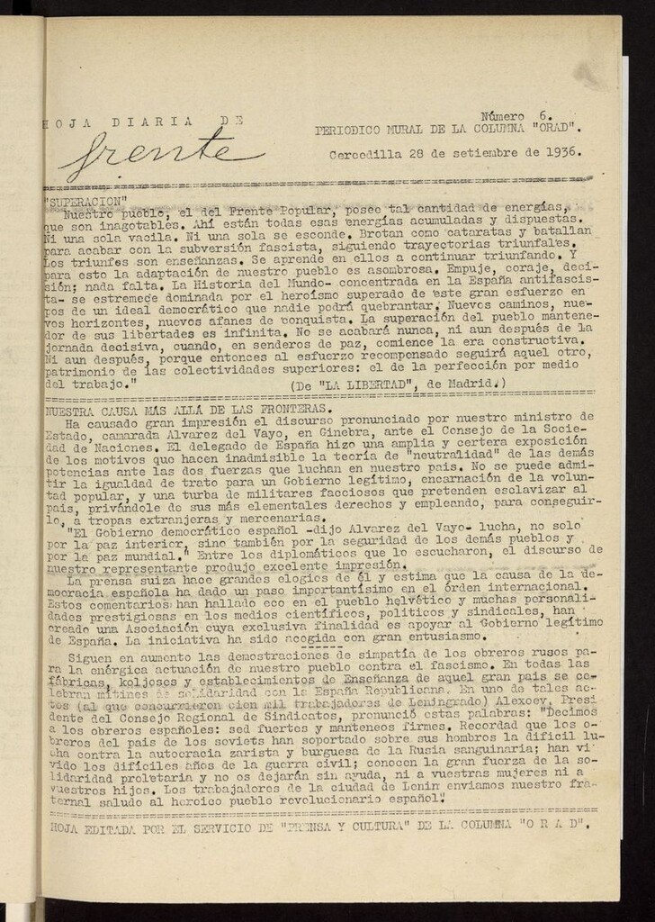 Miniatura de Hoja Diaria de Frente (Cercedilla. 1936) del 28 de septiembre de 1936