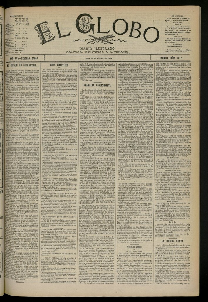 Miniatura de El Globo : diario ilustrado del 17 de febrero de 1890, nº 5217