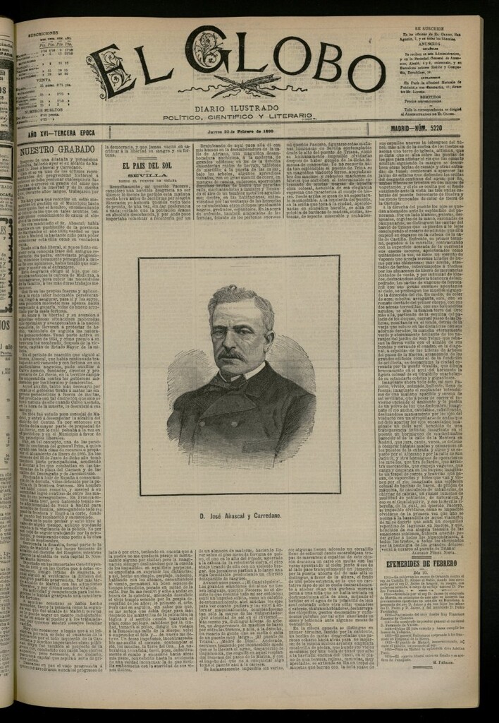 Miniatura de El Globo : diario ilustrado del 20 de febrero de 1890, nº 5220