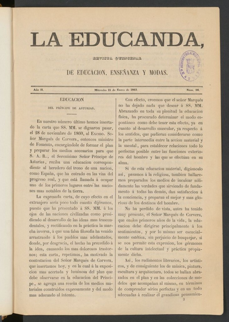 Miniatura de La Educanda: revista de educación del 15 de enero de 1862