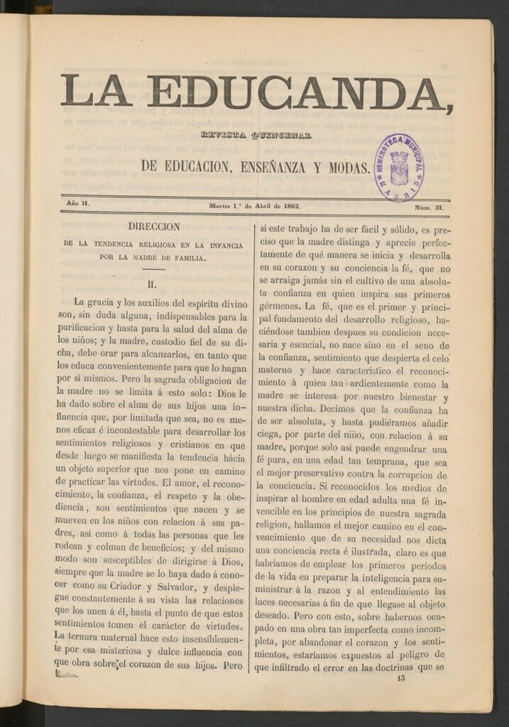 Miniatura de La Educanda: revista de educación del 1 de abril de 1862