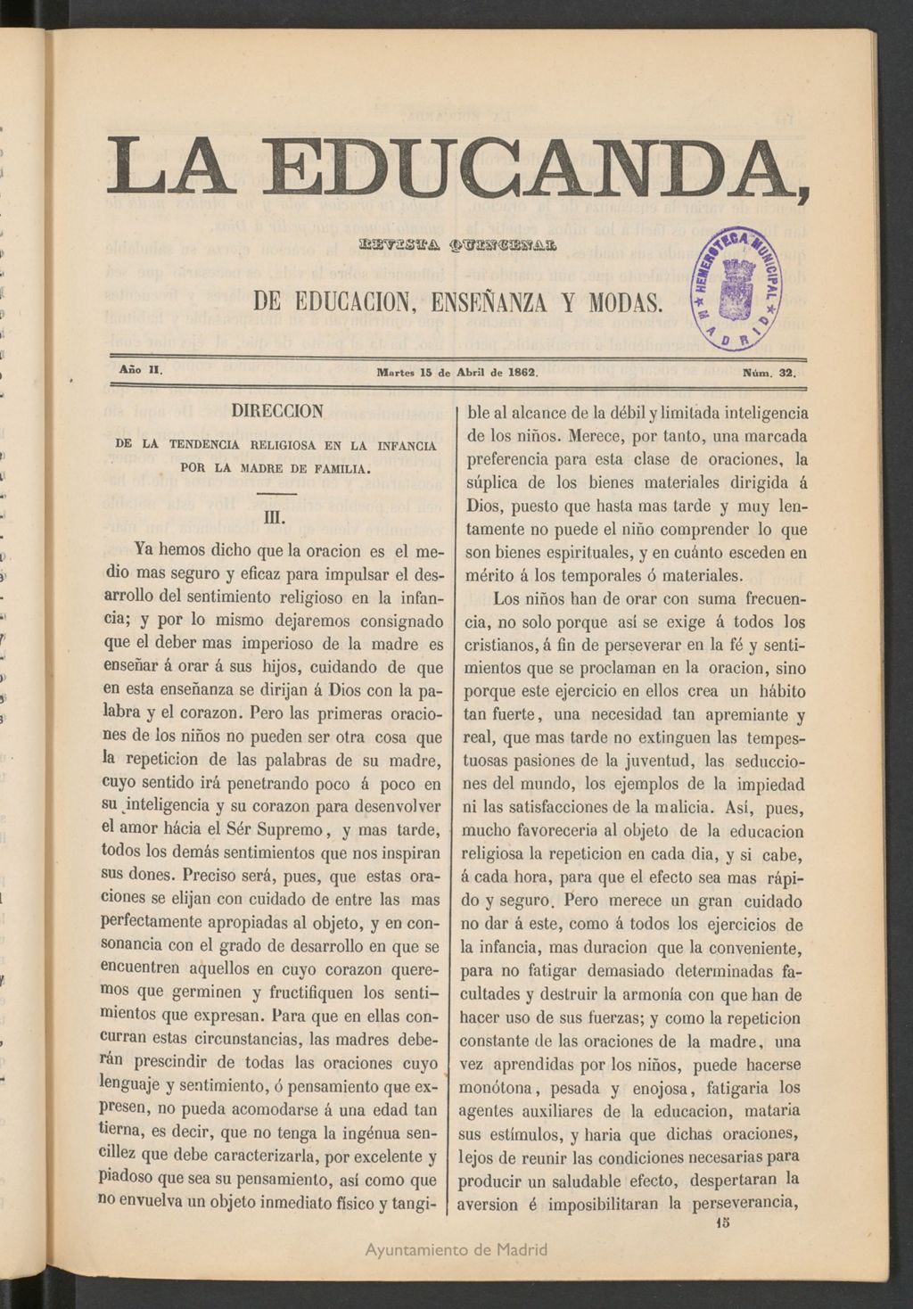Miniatura de La Educanda: revista de educación del 15 de abril de 1862