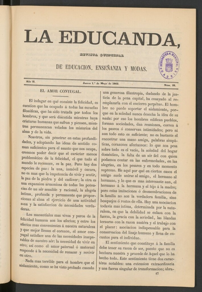 Miniatura de La Educanda: revista de educación del 1 de mayo de 1862