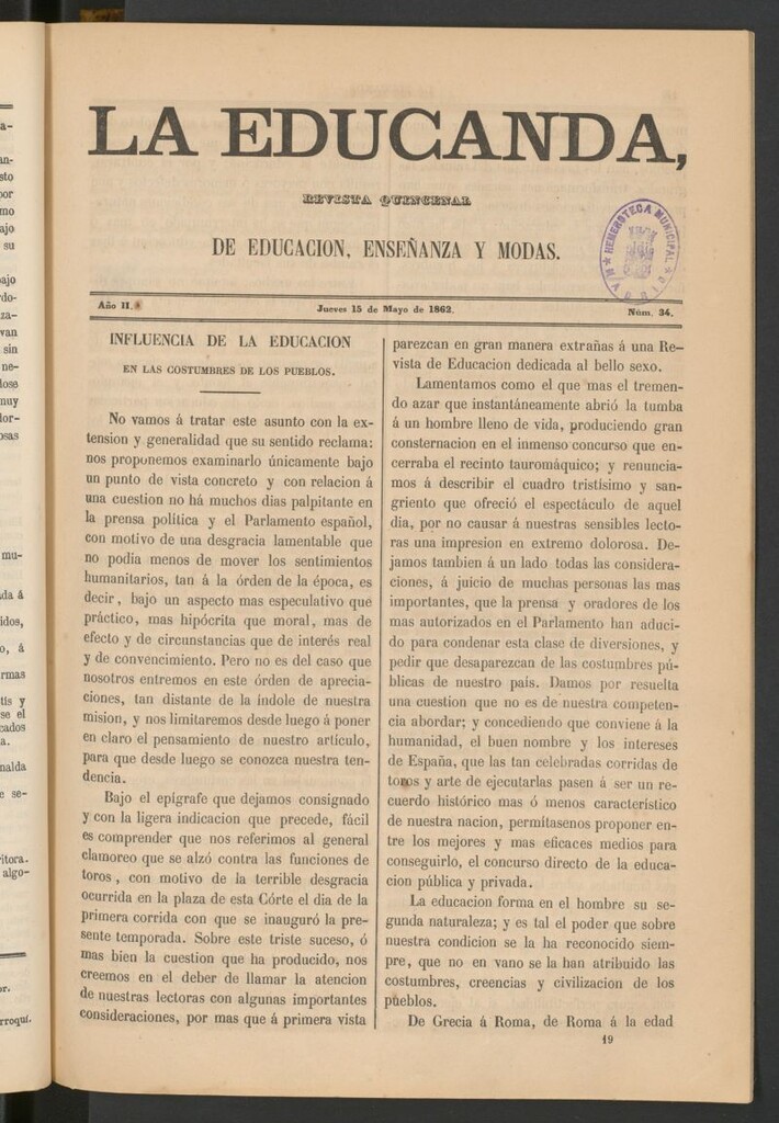 Miniatura de La Educanda: revista de educación del 15 de mayo de 1862