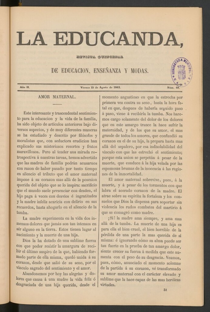 Miniatura de La Educanda: revista de educación del 15 de agosto de 1862