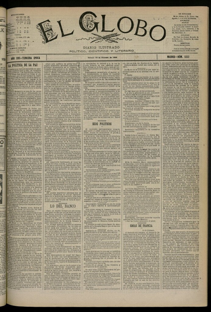 Miniatura de El Globo : diario ilustrado del 22 de febrero de 1890, nº 5222