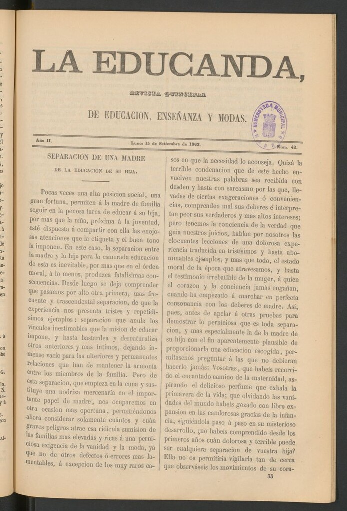 Miniatura de La Educanda: revista de educación del 15 de septiembre de 1862