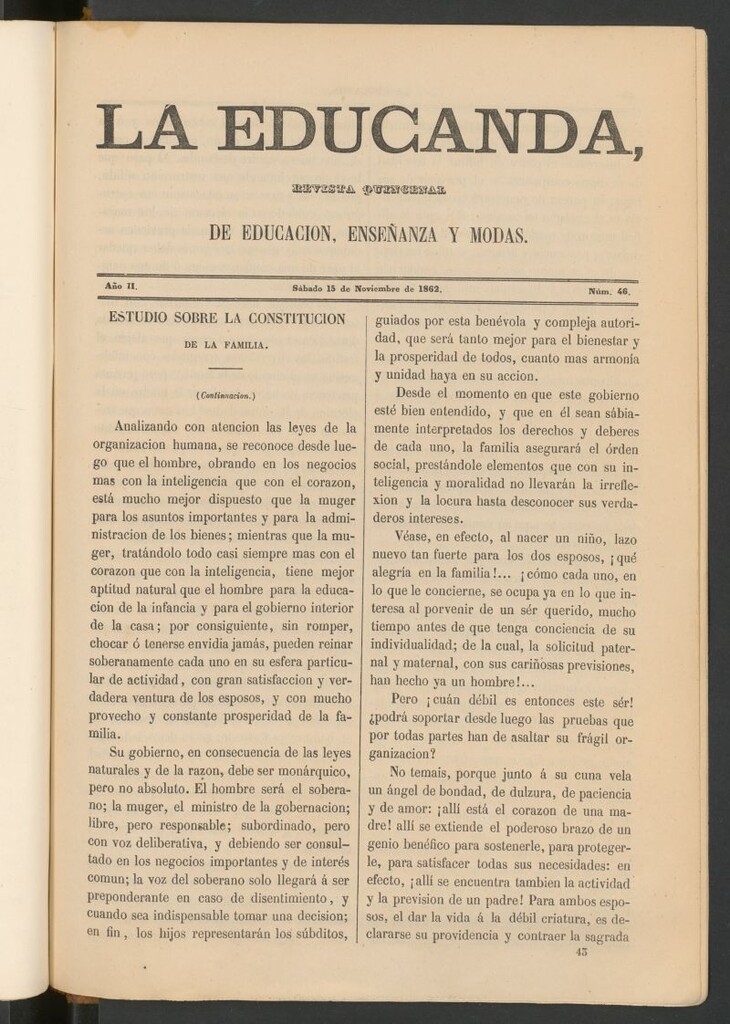 Miniatura de La Educanda: revista de educación del 15 de noviembre de 1862