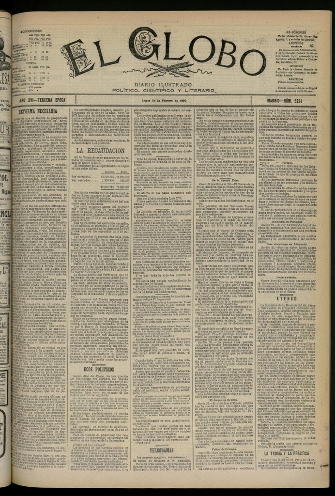 Miniatura de El Globo : diario ilustrado del 24 de febrero de 1890, nº 5224