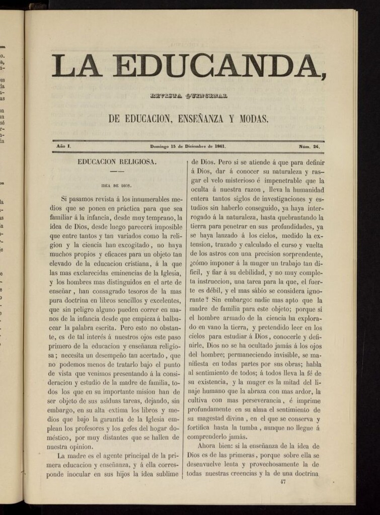 Miniatura de La Educanda: revista de educación del 15 de diciembre de 1861