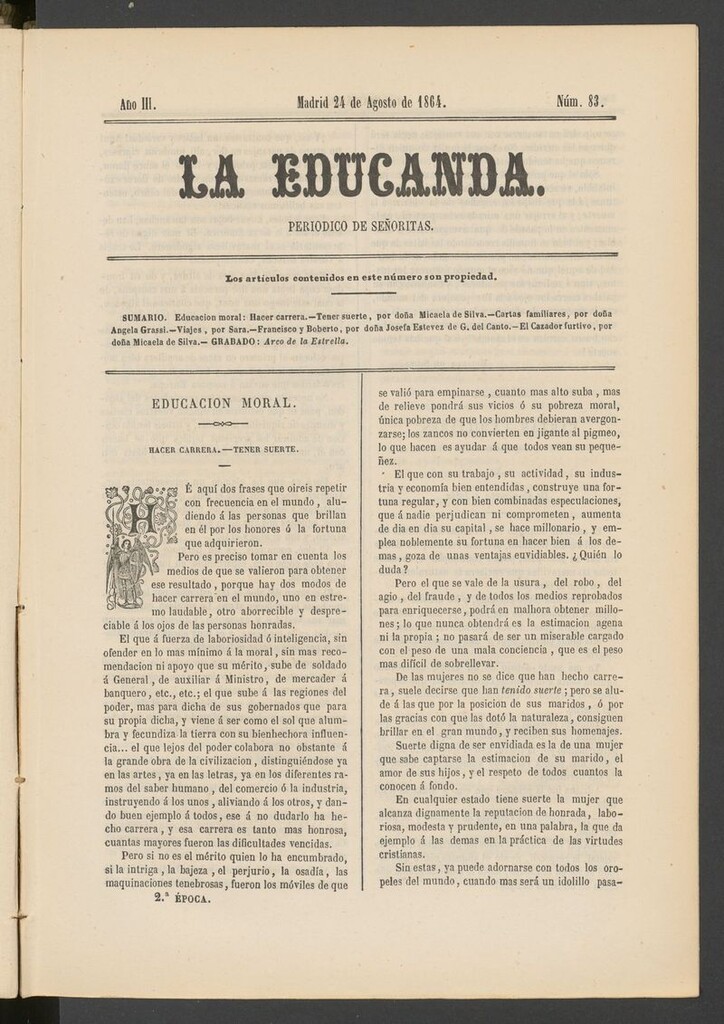 Miniatura de La Educanda: revista de educación del 24 de agosto de 1864