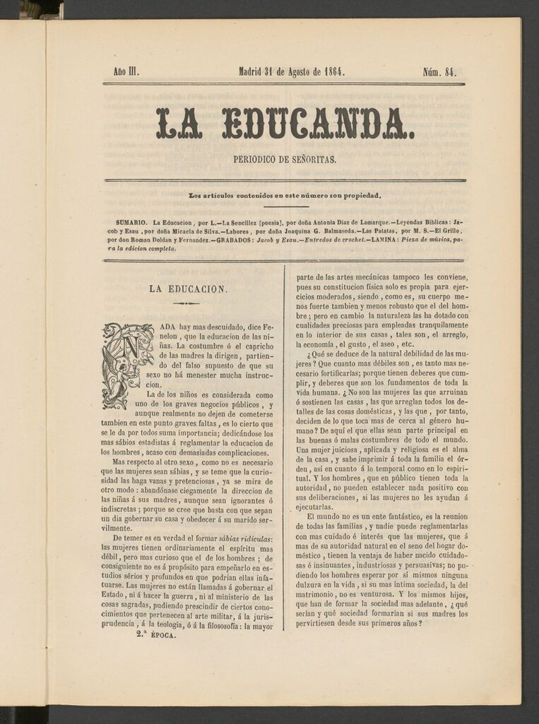 Miniatura de La Educanda: revista de educación del 31 de agosto de 1864