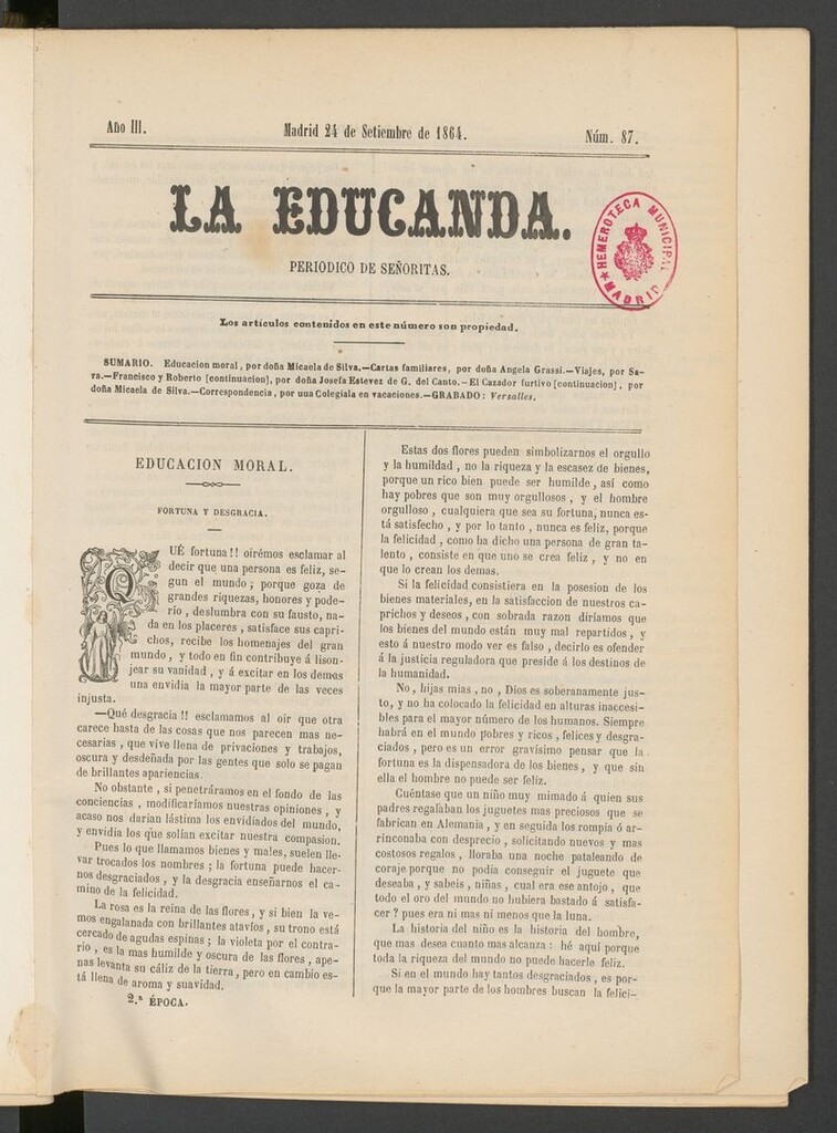 Miniatura de La Educanda: revista de educación del 24 de septiembre de 1864