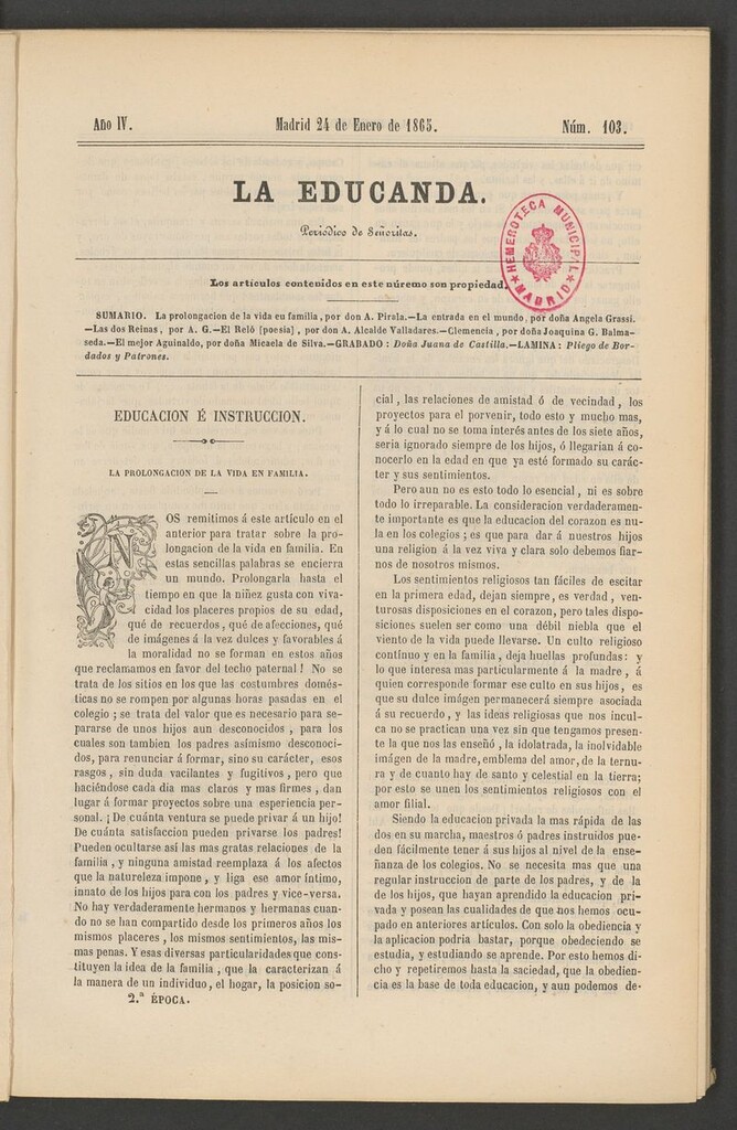 Miniatura de La Educanda: revista de educación del 24 de enero de 1865
