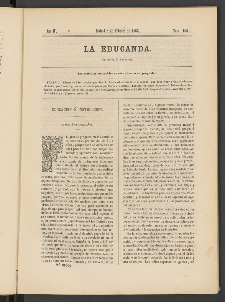 Miniatura de La Educanda: revista de educación del 8 de febrero de 1865