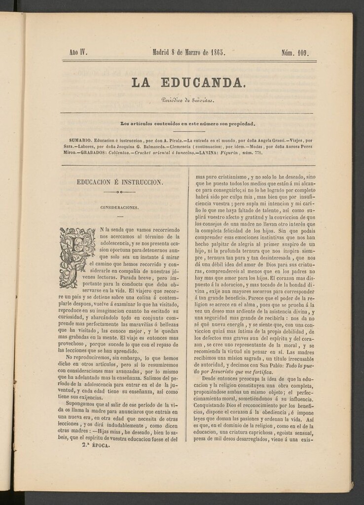 Miniatura de La Educanda: revista de educación del 8 de marzo de 1865