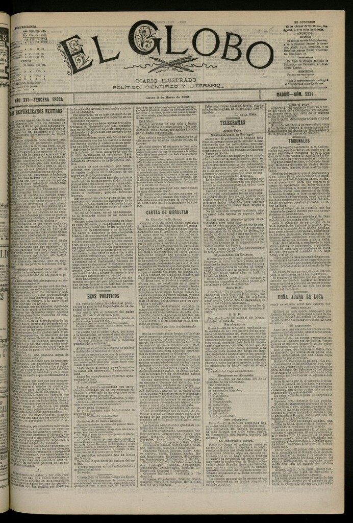 Miniatura de El Globo : diario ilustrado del 3 de marzo de 1890, nº 5231