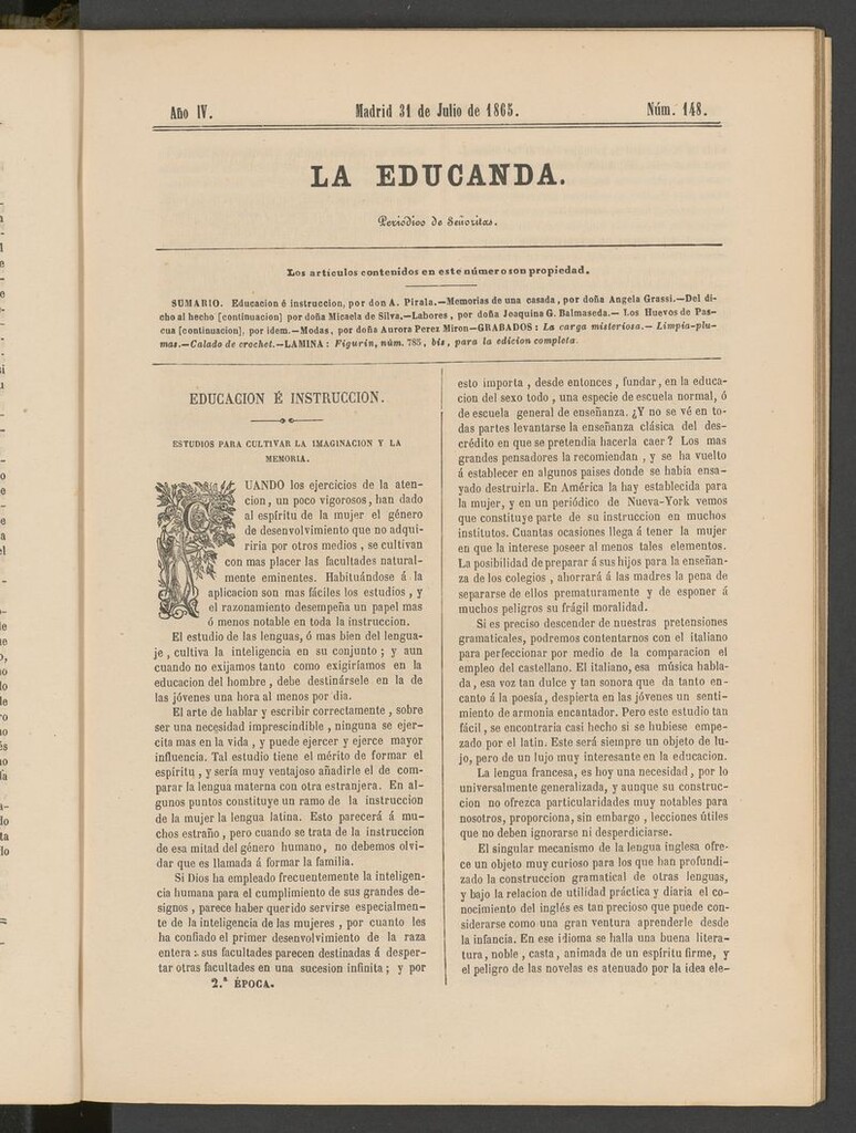 Miniatura de La Educanda: revista de educación del 31 de julio de 1865