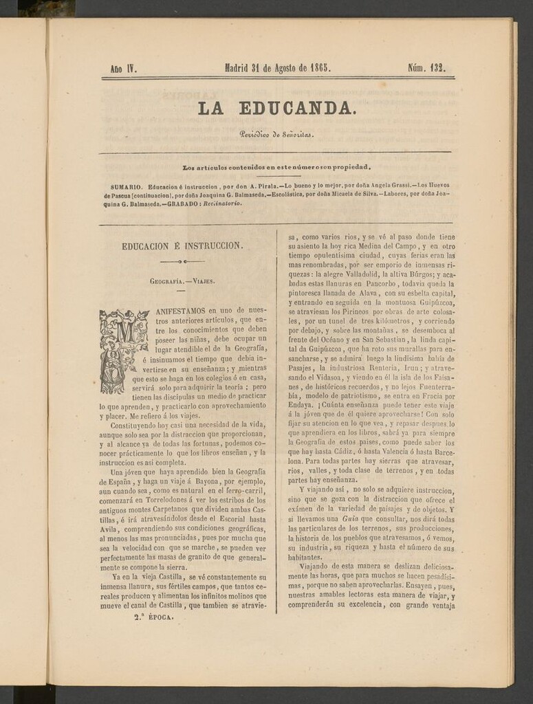 Miniatura de La Educanda: revista de educación del 31 de agosto de 1865