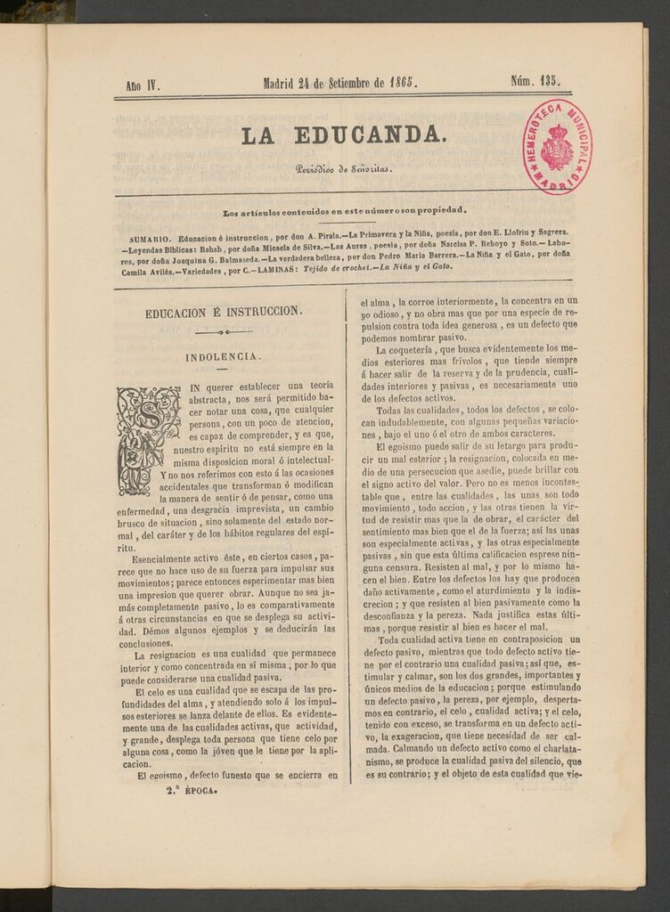 Miniatura de La Educanda: revista de educación del 24 de septiembre de 1865