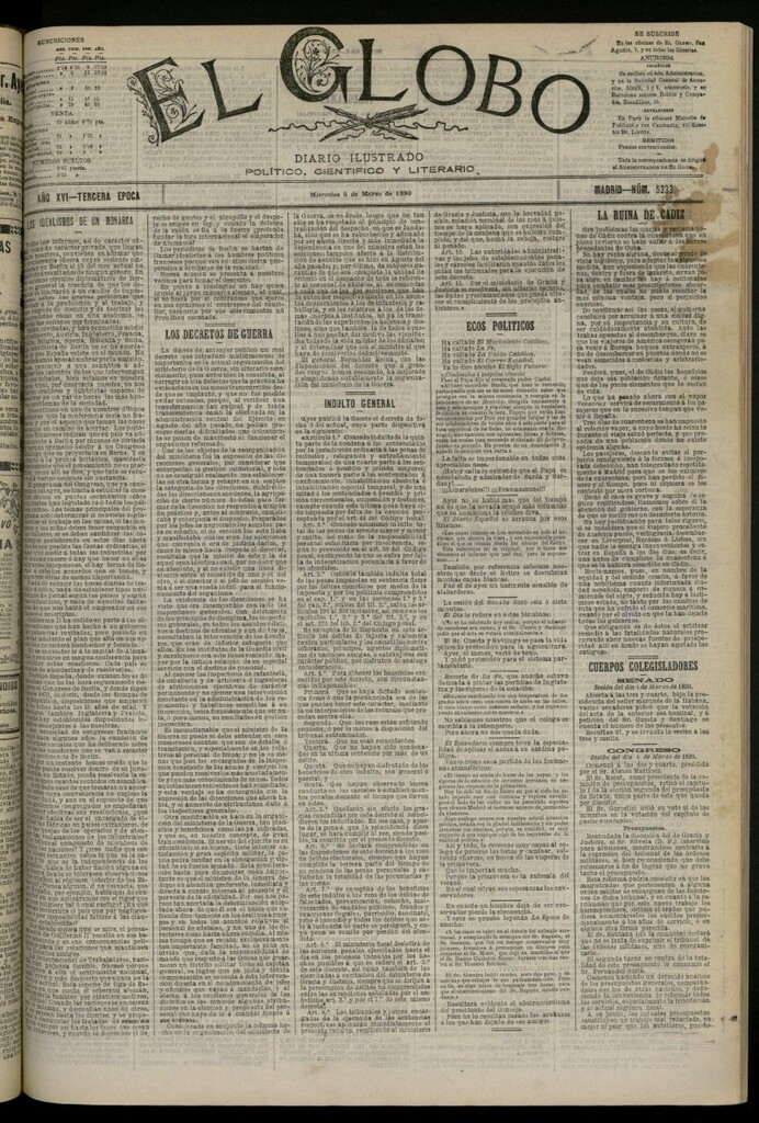 Miniatura de El Globo : diario ilustrado del 5 de marzo de 1890, nº 5233