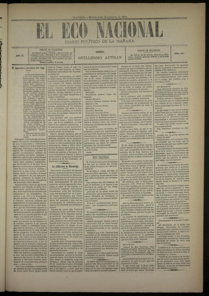 Miniatura de El Eco Nacional de 4 de noviembre de 1884, nº 820