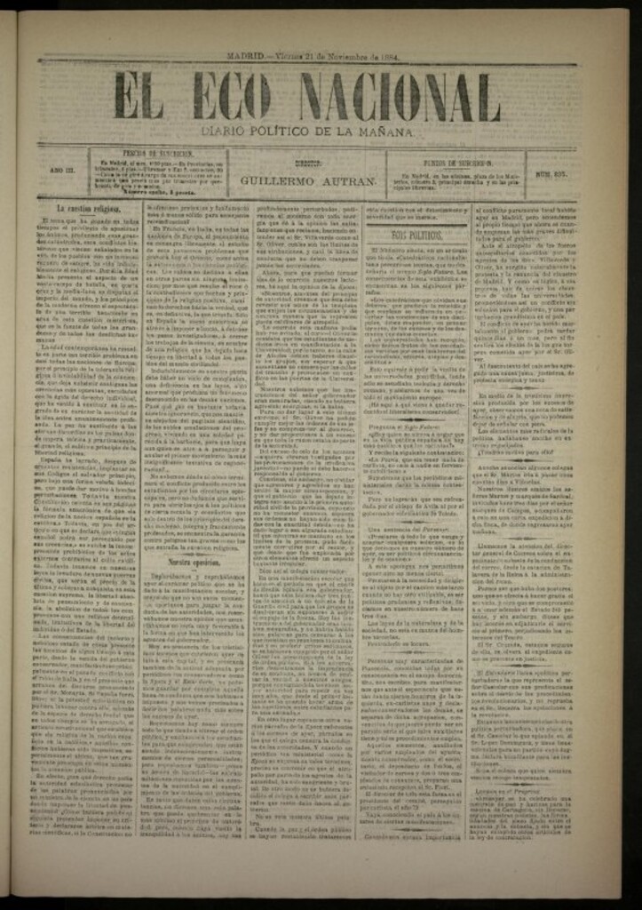 Miniatura de El Eco Nacional de 21 de noviembre de 1884, nº 835
