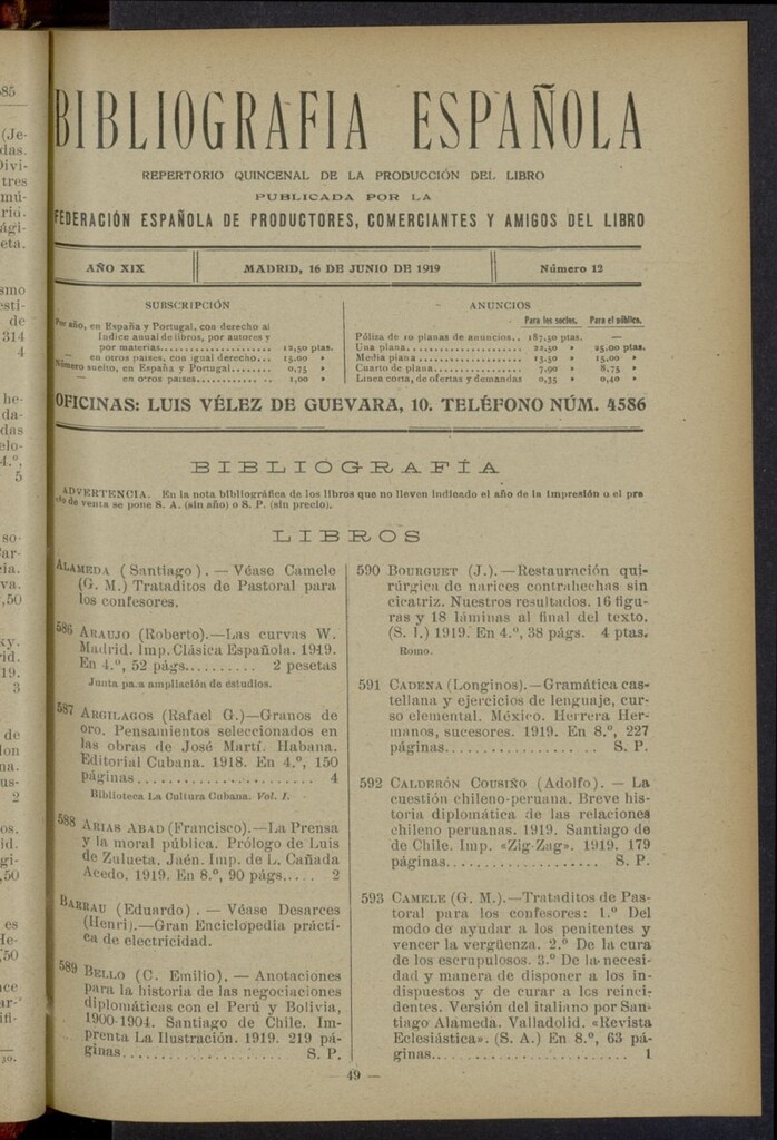 Miniatura de Bibliografía Española del 16 de junio de 1919