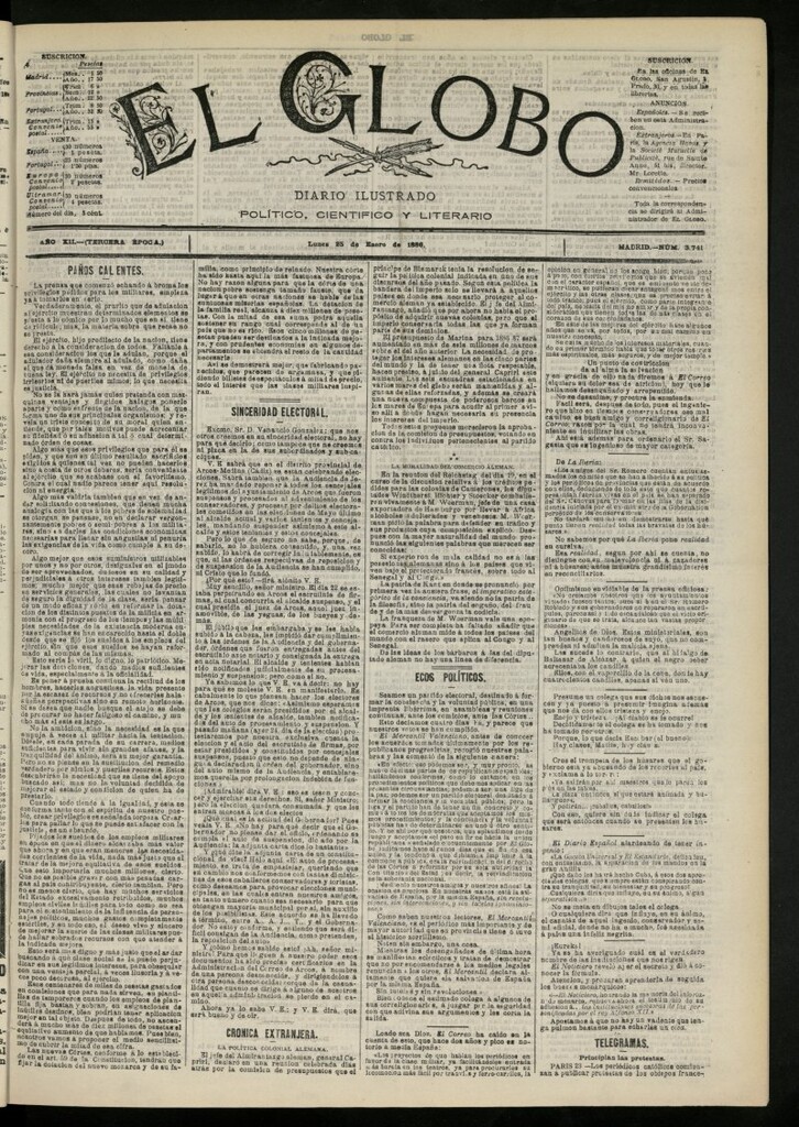 Miniatura de El Globo : diario ilustrado del 25 de enero de 1886, nº 3741