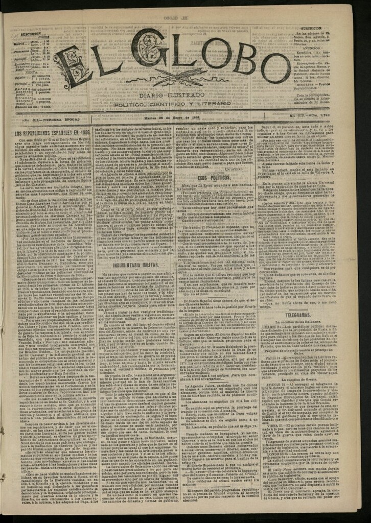 Miniatura de El Globo : diario ilustrado del 26 de enero de 1886, nº 3742