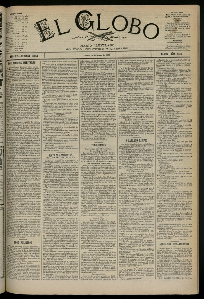 Miniatura de El Globo : diario ilustrado del 10 de marzo de 1890, nº 5238