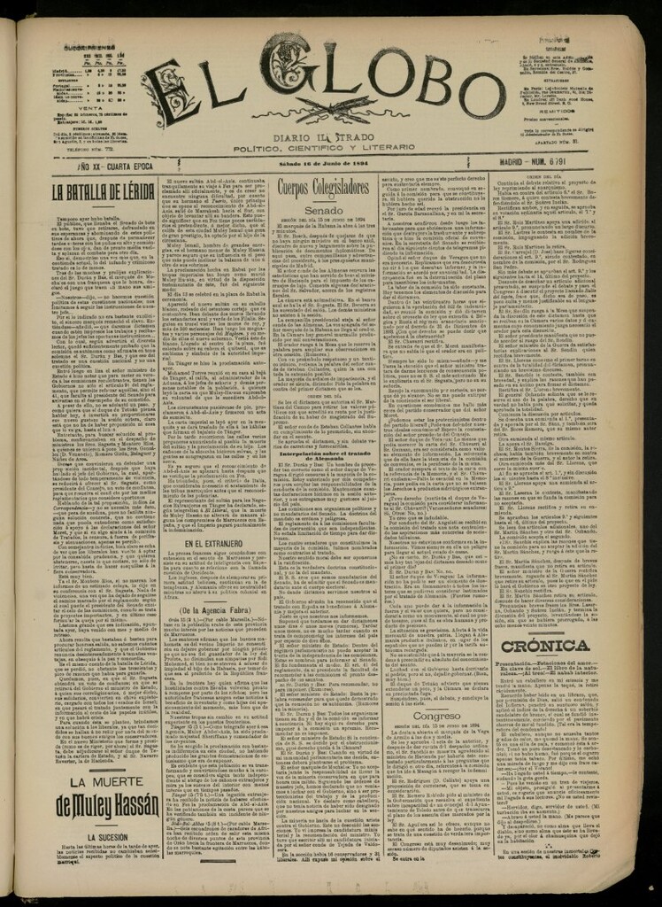 Miniatura de El Globo : diario ilustrado del 16 de junio de 1894, nº 6791