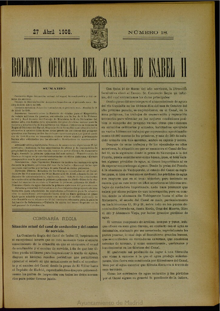 Miniatura de Boletín Oficial del Canal de Isabel II del 27 de abril de 1908, nº 18