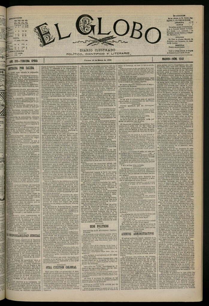 Miniatura de El Globo : diario ilustrado del 14 de marzo de 1890, nº 5242