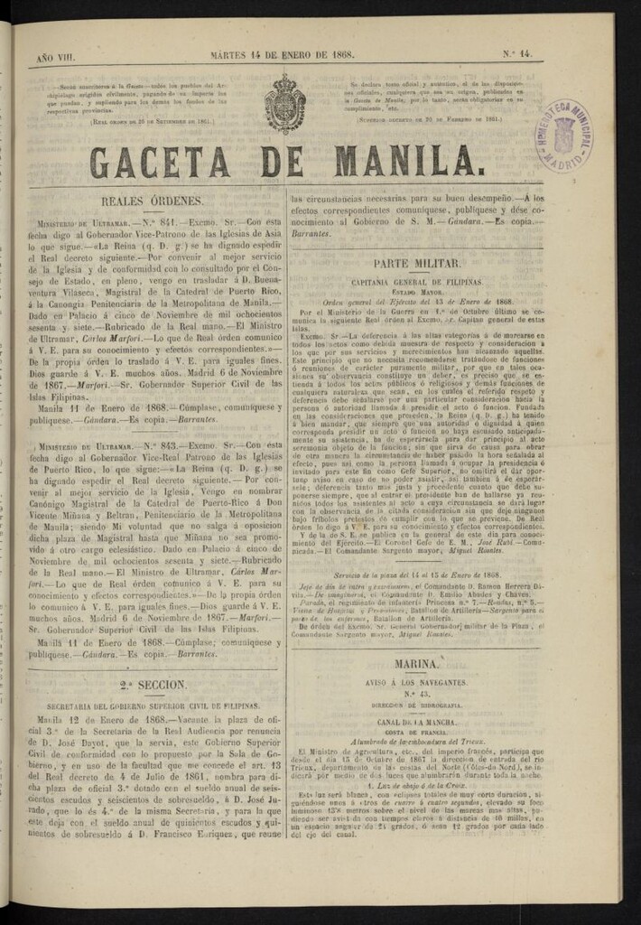 Miniatura de Gaceta de Manila del 14 de enero de 1868, nº 14