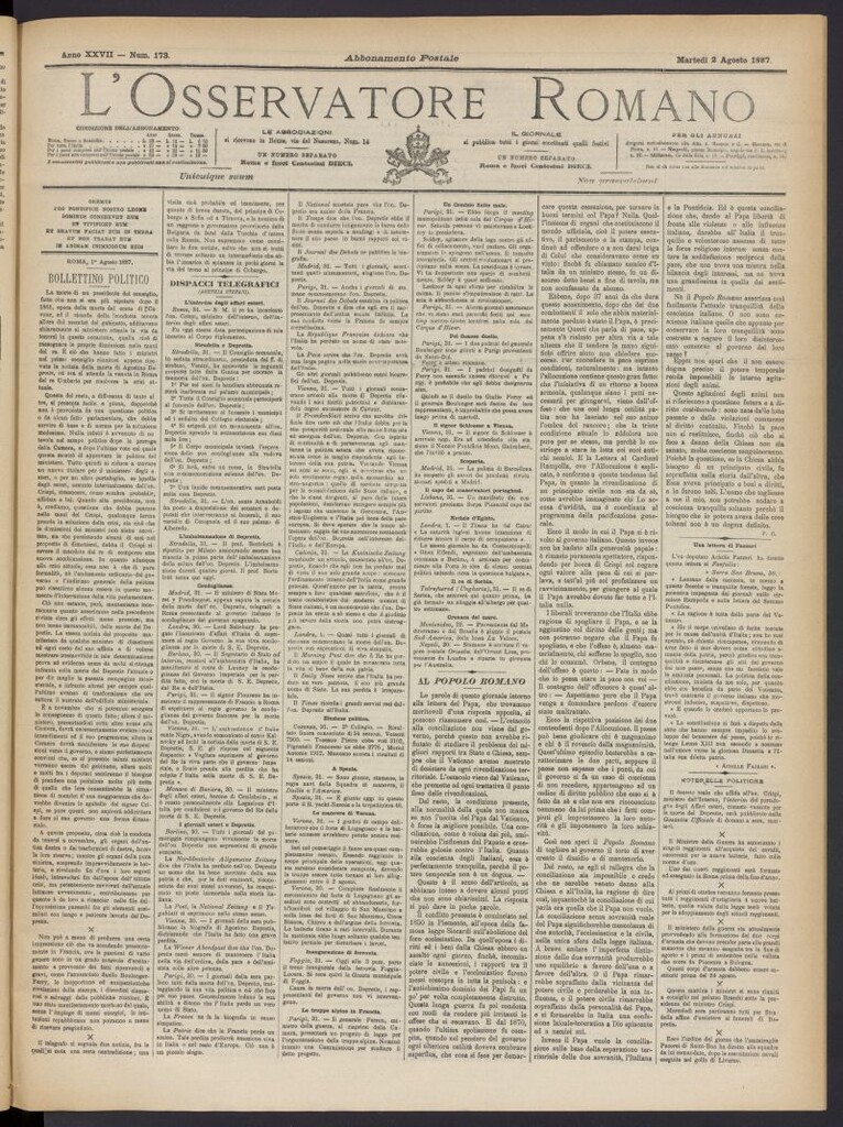 Miniatura de L´Osservattore Romano del 2 de agosto de 1887, nº 173