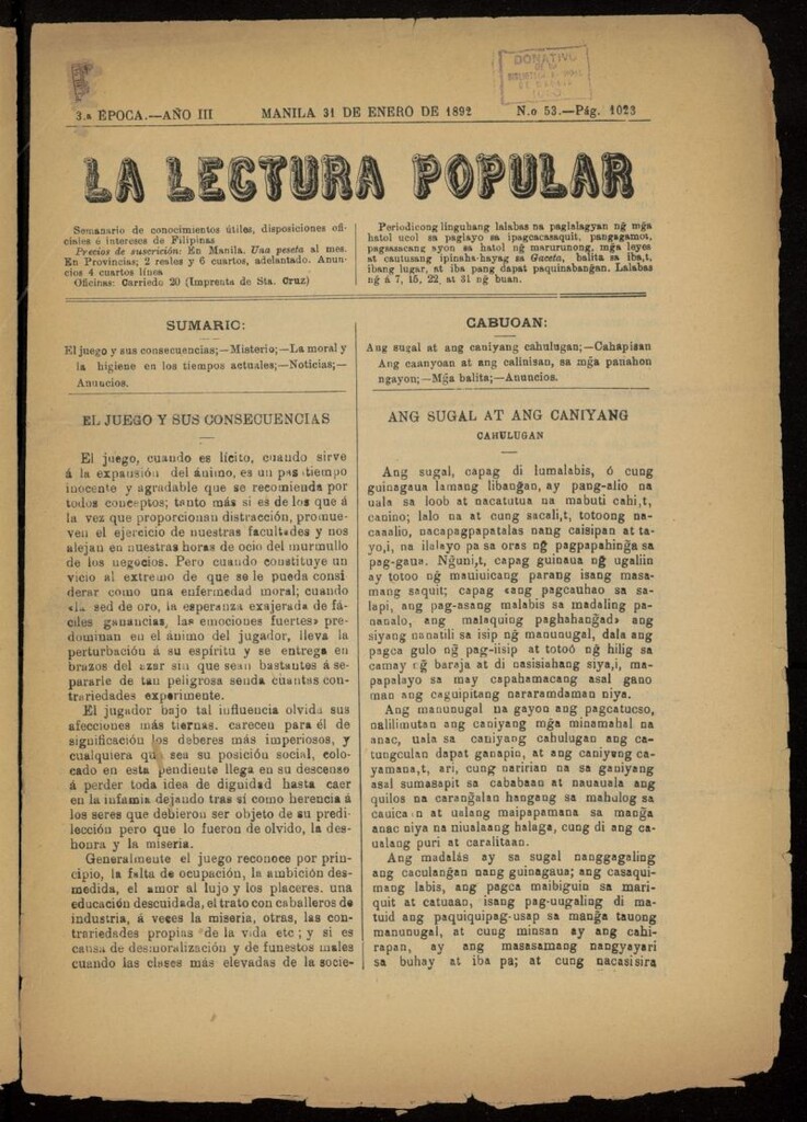 Miniatura de La Lectura Popular del 31 de enero de 1892, nº 53